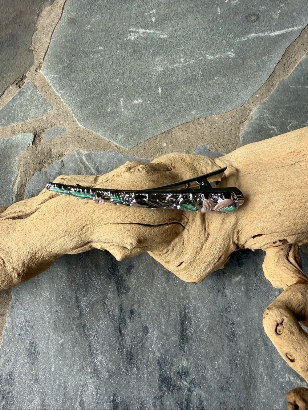 New🌟Anthropologie-Floral Silver-Tone Enamel Hair Barrette in Mint Green and Pink